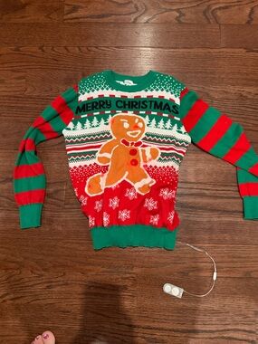 Holiday 'Merry Christmas' Gingerbread Light-Up Sweater - Green & Red